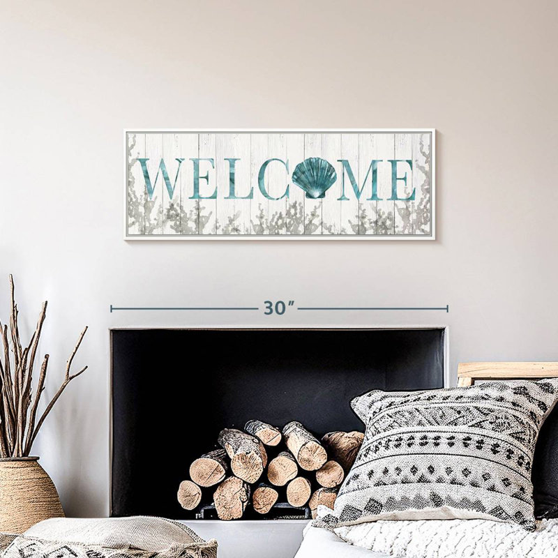 Plaque murale «Welcome Shell», Cadre flottant blanc, 28 po x 10 po