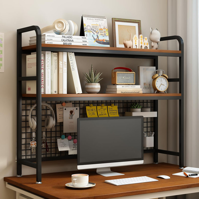 2-Tier Desktop Hutch Bookshelf - Metal Desk Shelf Bookcase with Grid Panel