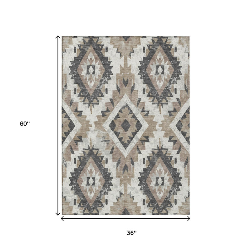 Tapis intérieur/extérieur lavable, 90 x 150 cm, motif aztèque taupe et gris, lavable