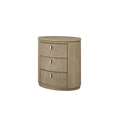 Toffee - Toned Oval Nightstand, Soft Close Drawer Mechanism, Discreet Bedside Charging Outlets, Rounded Contemporary Form, Warm Wire Brushed Wood Grain Appearance, Stylish Reflective Hardware, Felt