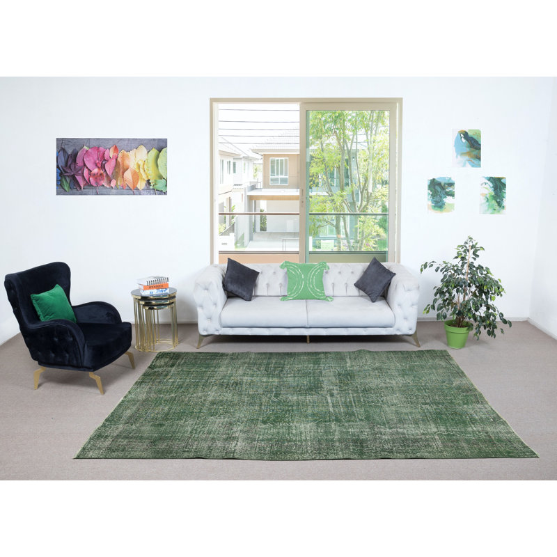 Tapis turc contemporain en laine à poils courts de 6,7 x 9,7 pi de couleur verte
