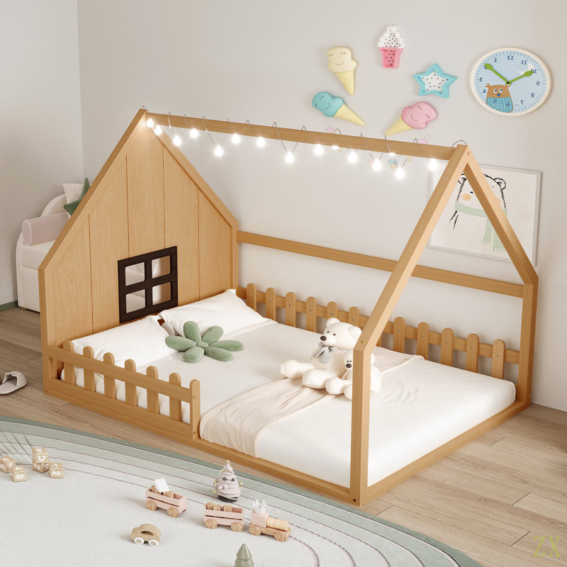 Lit double en bois avec fenêtre et clôture, Brun