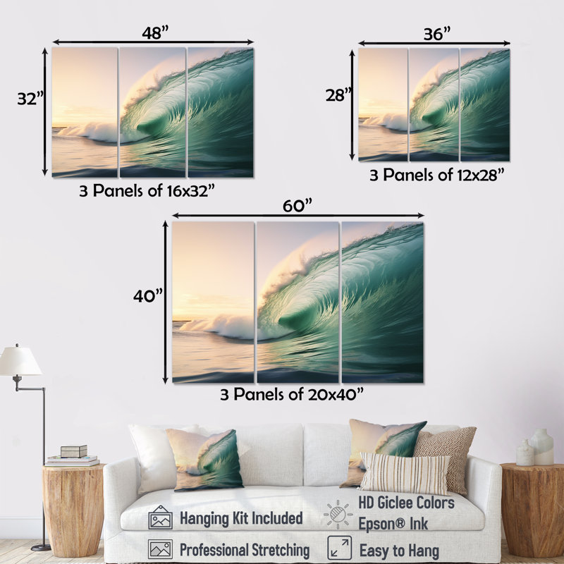 «Turquoise Power of Ocean Wave IV», ensemble d'art mural côtier, H 28 po x l 36 po x P 1 po, Toile tendue