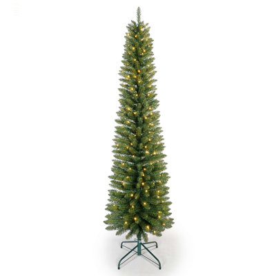 Arbre de Noël 6 pi avec 150 lumières DEL chaudes - arbre en PVC mince avec 358 pointes, conception compacte, support en métal stable, facile à assembler