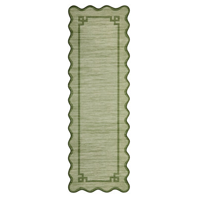 Minimal Geometric Frame Design Washable Area Rug with Non-Slip Backing, Vintage Scalloped Soft Foldable Stain Resistant Indoor Carpet