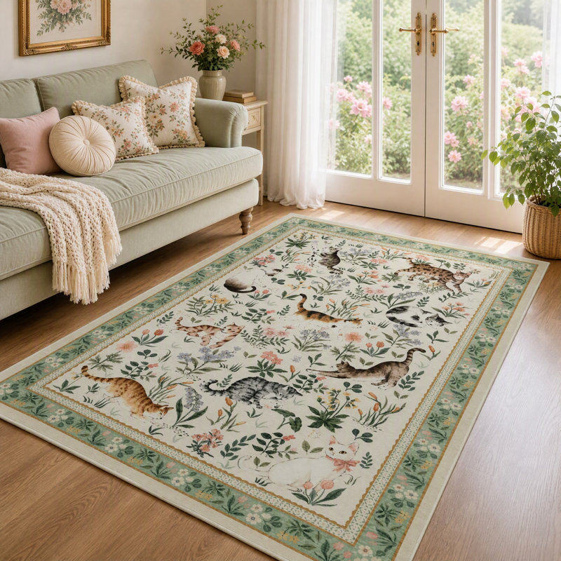 Tapis de couloir fleuri à motif de chat mignon, antidérapant, lavable, doux, à poils courts, Beige, 5' x 7'