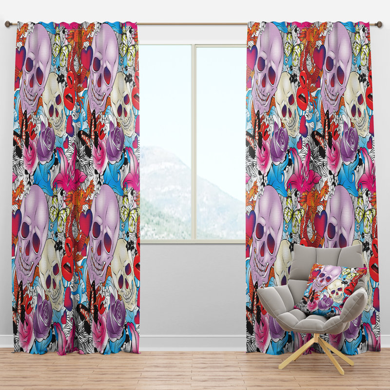 Panneau de rideau simple semi-diaphane avec passe-tringle Hearts, Skulls, l 52 po x L 120 po