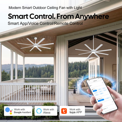Ventilateur de plafond extérieur étanche de 165 cm (65 pouces) pour terrasses, avec éclairage intégré, compatible avec toutes les conditions météorologiques et doté d'une télécommande intelligente via application Alexa. Équipé de 8 pales en aluminium brun, d'un moteur CC réversible et silencieux à 6 vitesses et d'un variateur d'intensité.