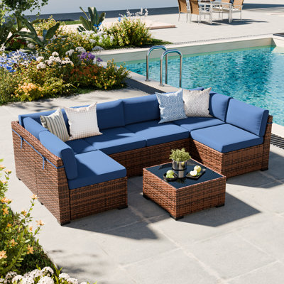 Treyshun 7 Piece Wicker Outdoor Modular Sectional Seating Group with Optional Fire Pit Table