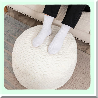 Luxury Comfort Round Storage Pouf - Plush Ottoman Foot Rest Stool for Living Room & Bedroom - Stylish Floor Cushion with Filler - White