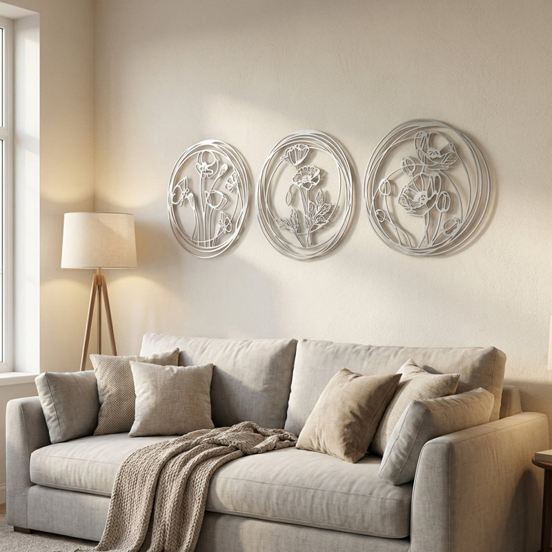 Ensemble d'art mural en métal fleurs de pavot - 3 pièces, Argent