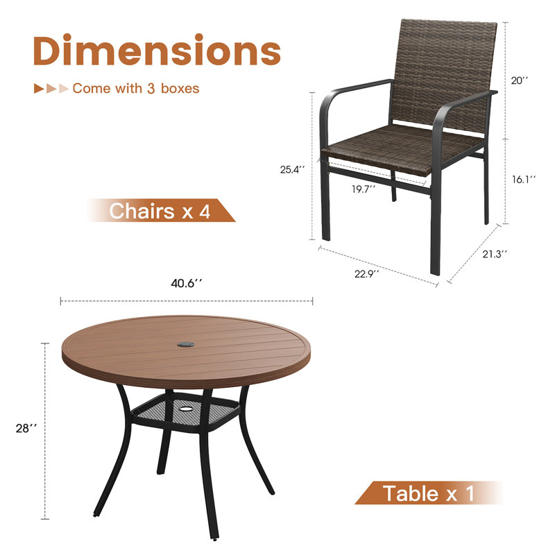 Ensemble de salle à manger de patio pour 4 personnes avec table de salle à manger ronde en métal et 4 chaises de salle à manger en rotin