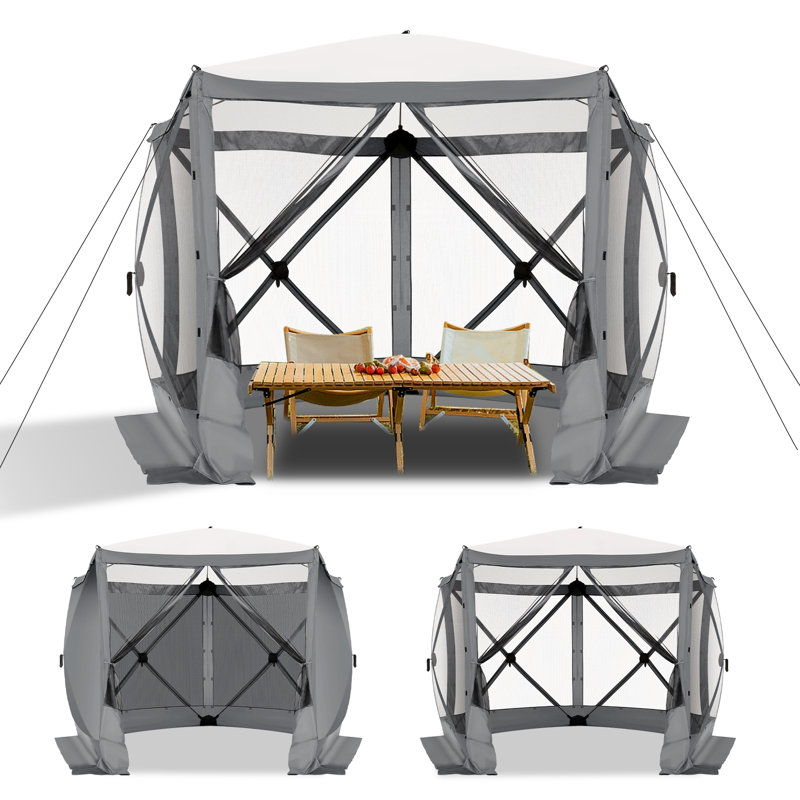 10x10ft Camping Gazebo Screen Tent, 5 Sided Pop-up Canopy Shelter with Mesh Windows, Gray