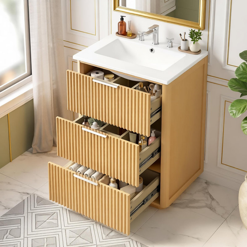 Meuble-lavabo de luxe moderne 24 po avec lavabo en céramique, armoire de salle de bain avec tablette ouverte et rangement fermé