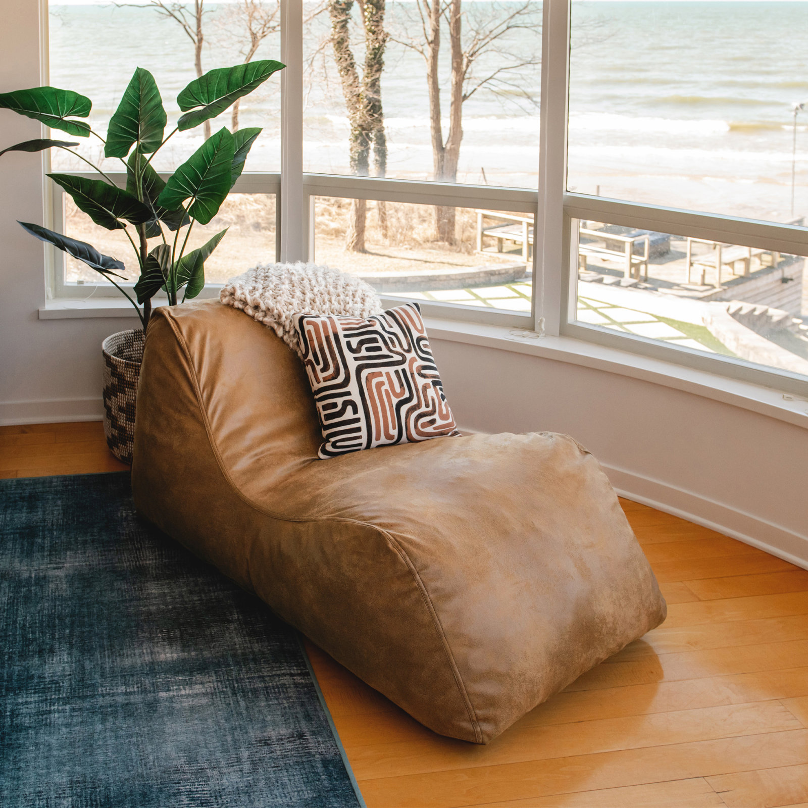 Big Joe Delmont Foam Filled Bean Bag Chair with Removable Cover, Vegan Leather or Boucle, Brown Polyester