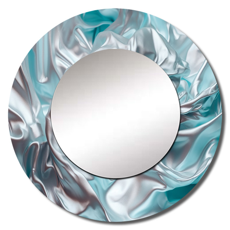 Philyor Silver Blue Dancing Colors - Marble Large Mirror, Modern Round Decorative Wall Mirror, Printed Metal Art, 36" x 36"