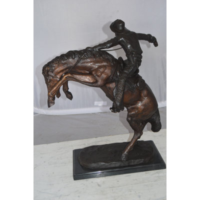 Cowboy Bronze Sculpture on Marble Base - Remington-Inspired Western Art For Home, 19"L x 11"W x 23"H