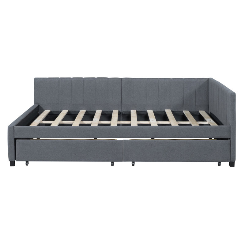Upholstered Daybed Frame With 2 Storage Drawers Sofa Bed Frame No Box Spring Needed, Linen Fabric, Gray