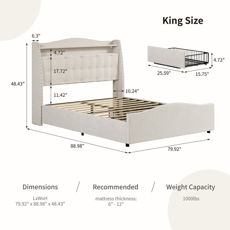 King Size Velvet Upholstered Platform Bed with Storage Drawers, Arched Tufted Headboard, Nailhead Trim and LED Lighting, King