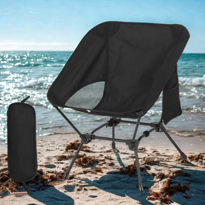 Chaise de camping portable respirante avec poche pliante latérale, Noir