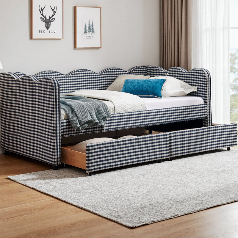 Lit de jour simple en vichy confortable avec deux tiroirs de rangement et port USB, adorable canapé-lit en lin en forme de vague, pour la chambre à coucher ou la chambre d'amis, aucun sommier nécessaire