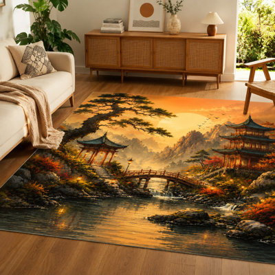 1Pcs paysage de jardin zen japonais - vue sur la montagne sereine, eau tranquille, pont antique, pagode traditionnelle, coucher de soleil chaud, feuillage d'automne vibrant, imprimé artistique, grand tapis de sol, antidérapant, décoration intérieure pour le salon, la cuisine, le bureau, la maison