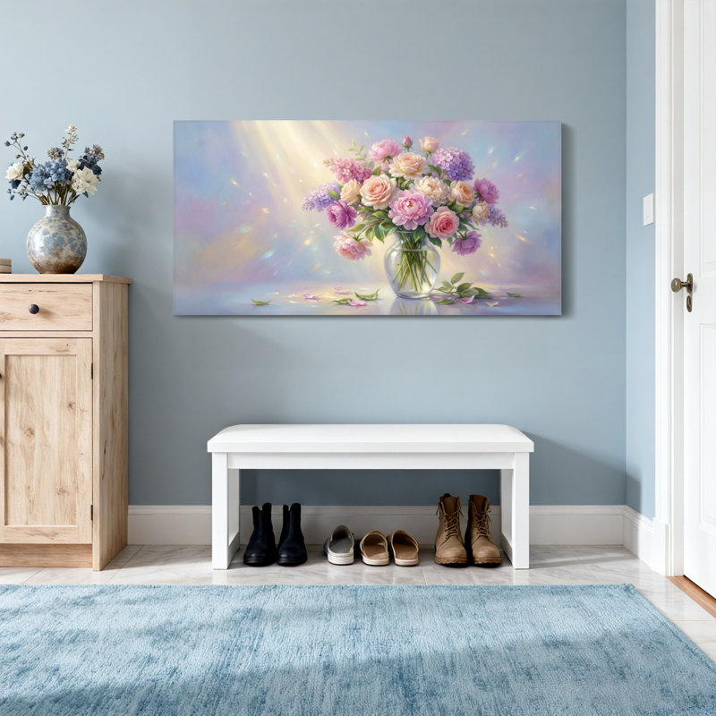 Plantes et fleurs, bouquet floral dans un vase en verre avec des rayons de lumière, H 20 po x l 40 po