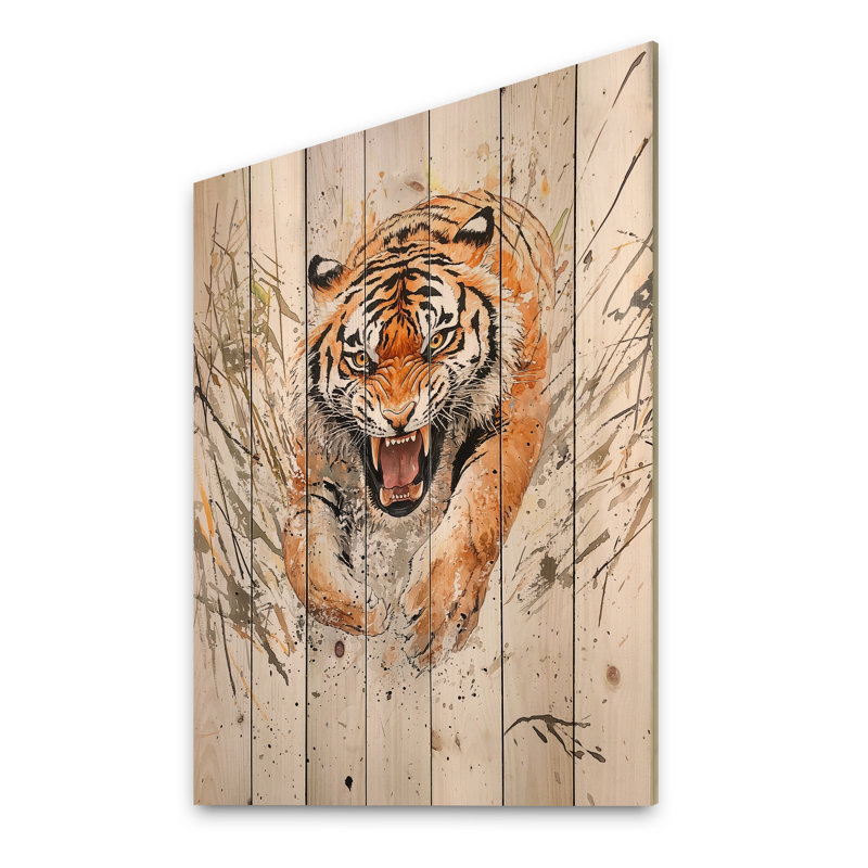Fierce Roar Of A Tiger II - Décoration murale moderne en bois sur bois de pin naturel, H 44 po x l 34 po