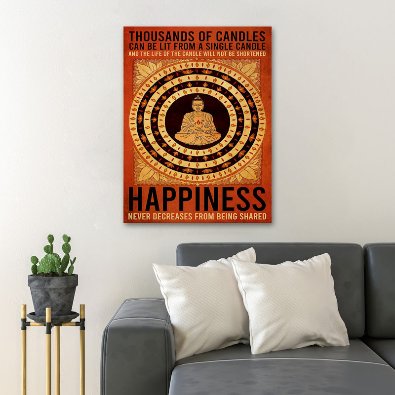 «Buddha On The Red Circle - Happiness Never Decruies From Being Common», reproduction d'art graphique sur toile tendue 1 pièce