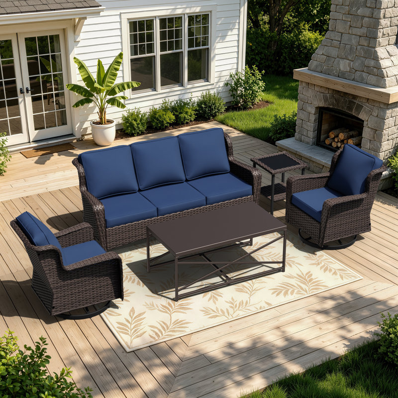 Ensemble de conversation de patio en osier 5 pièces avec canapé, chaises pivotantes, tables et coussins bleus 5 pièces, Blue