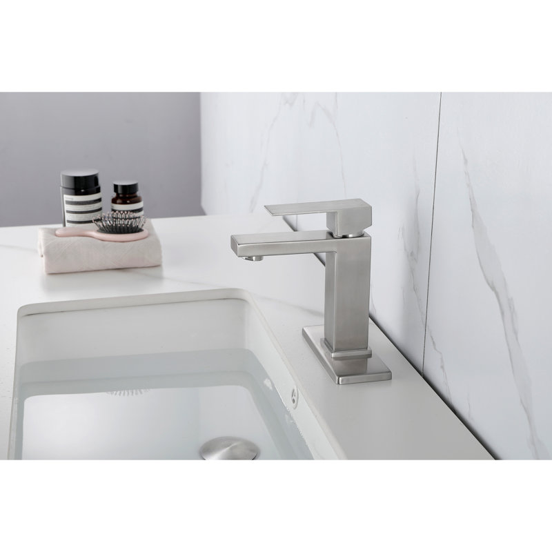 Robinet de lavabo de salle de bain à poignée simple avec drain escamotable (avec trop-plein), Nickel brossé