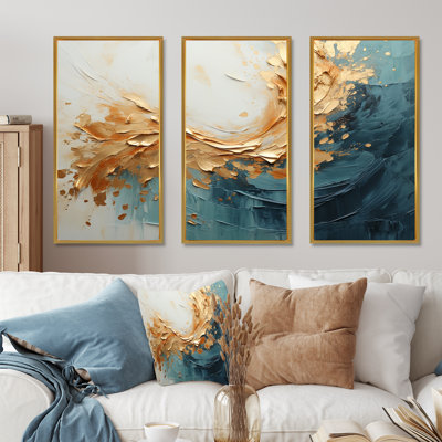Or et sarcelle aurore harmonie I - ensemble de reproductions d'art abstrait spirales abstraites