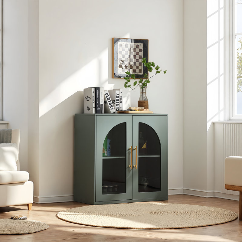 Modern Natural Buffet Sideboard, 31.5" Wide With 2 Arched Glass Doors & 2 Adjustable Shelves, Storage Cabinet For Living Room, Kitchen & Dining Room(dark Green)