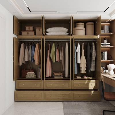 Armoire-penderie de grande taille (94,5 po) de largeur, avec 6 portes, 6 tiroirs et tringles à vêtements.