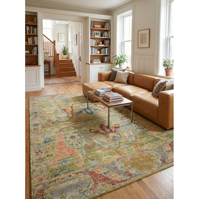 Antic Hand Knotted New Zealand Wool Green Area Rug, 10'X14'