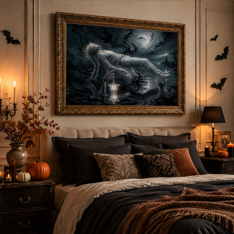 Homme flottant dans l'eau sombre près d'un papillon lumineux - Toile murale d'Halloween, H 20 po x l 30 po