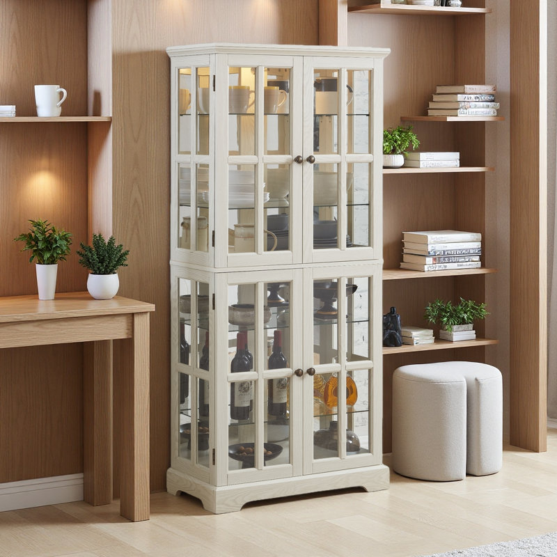 Display Cabinet, Antique Display Cabinet With Glass Doors Adjustable Shelves For Collectibles Four Door Design Vintage Showcase For Home Or Office Antique Display Case E26 Bulb Included CHE
