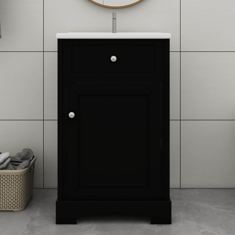 Meuble-lavabo de 20 pouces avec comptoir en céramique à deux niveaux et tablettes réglables, Noir