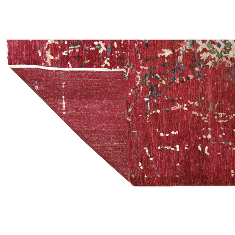 Tapis gris anthracite et rouge noué à la main de haute qualité