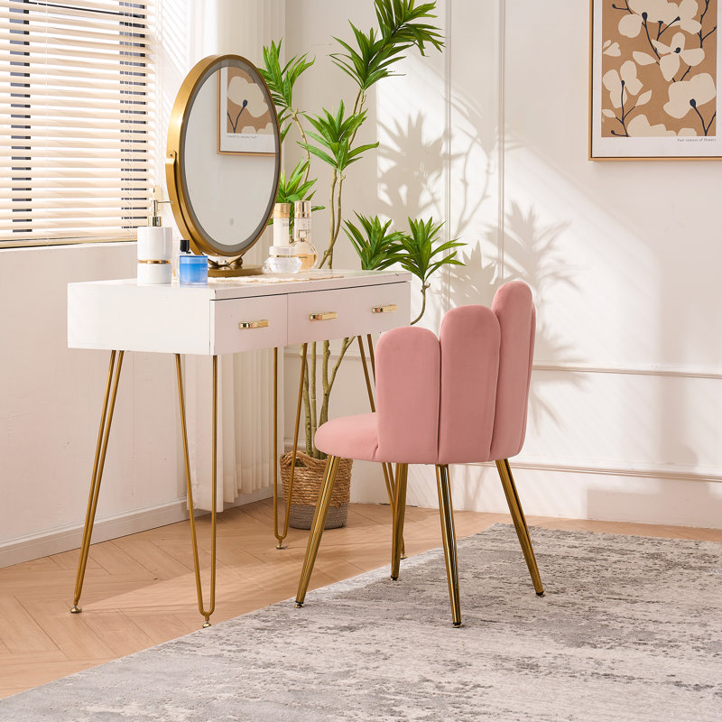 Velvet Vanity Chair with Back Vanity Stool with Gold Legs, Pink