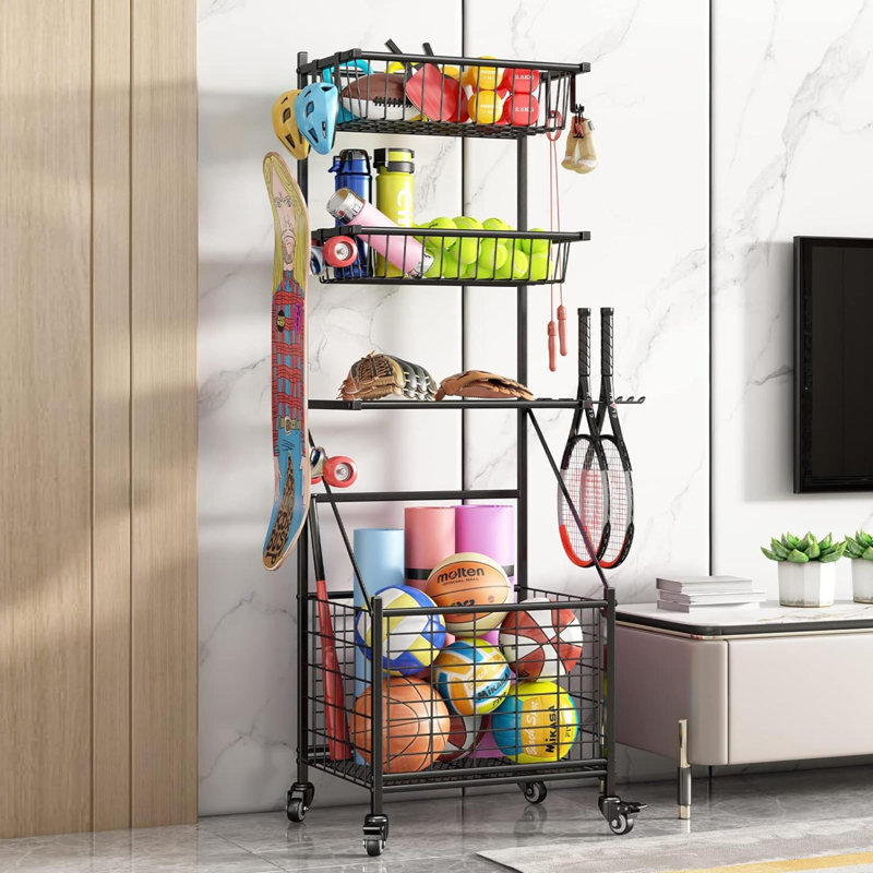 Black Powder-Coated Steel Multi-Use Sports Equipment Organizer with Mesh Tiers