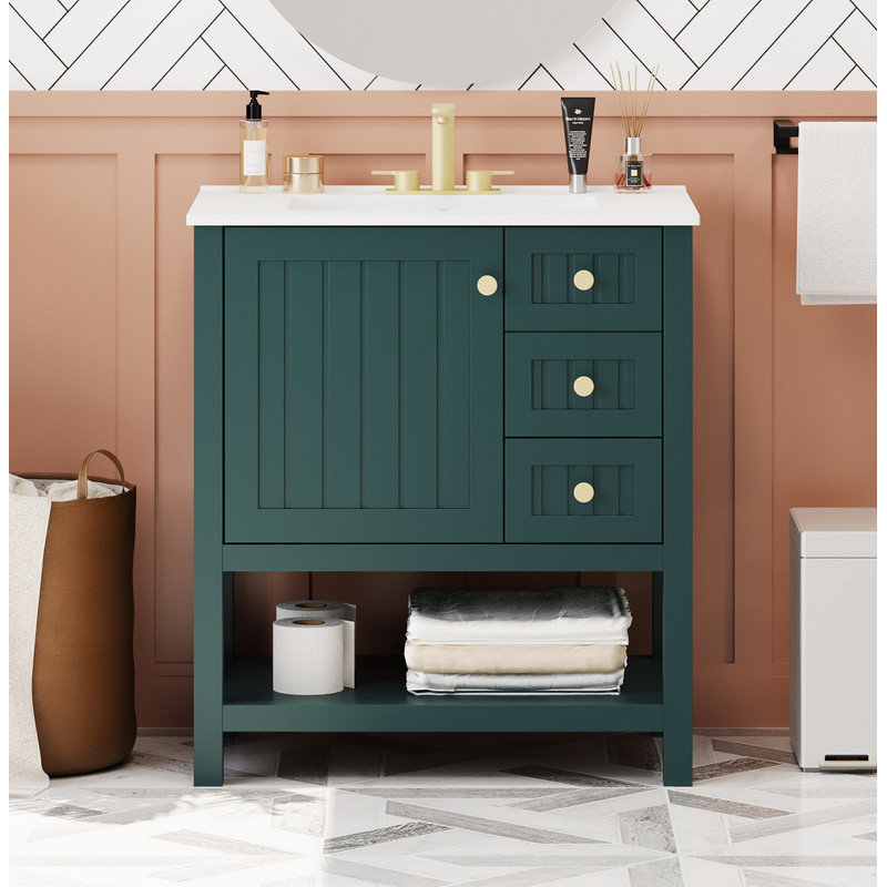 30 Inches Transitional Style Bathroom Vanity Cabinet Combo with Ceramic Sink, Blue, Green