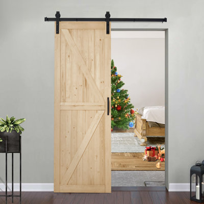 Porte de grange coulissante à panneaux en bois massif sans finition Erommy