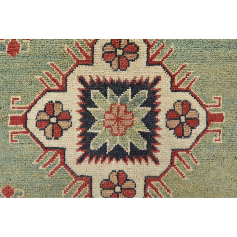 Hand-Knotted Green and Red Wool Cotton Area Rug