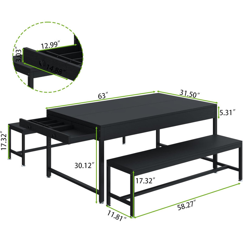 Ensemble de table de salle à manger 63 po pour 4 à 6 personnes, 3 pièces Zubie, Noir