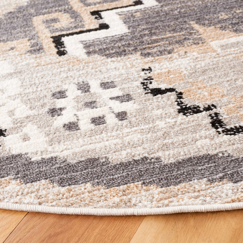 Rectangle Markes Southwestern Power Loomed Polyester Area Rug in Beige/Gray/Brown, Round 6'7"