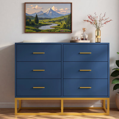 Commode moderne à 6 tiroirs, poignées dorées et élégant piètement en métal