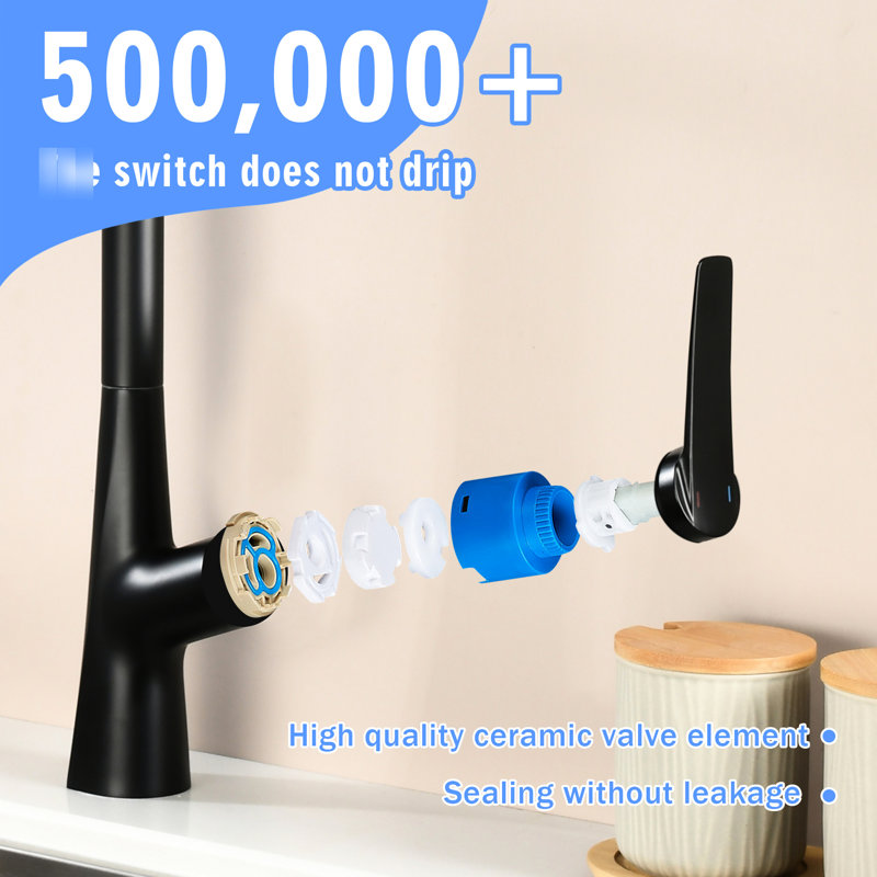 Matte Black, Kitchen Faucet, 3 Function, 360 , One Touch Switching, 23.6 In Pull-Out Hose, Water Flow Modes, Single Hole Installation, , Heavy-Duty Metal Body, Ceramic Cartridge Valve Professional,