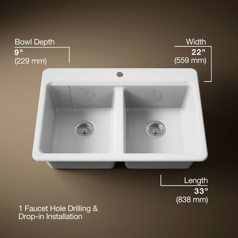 Riverby 33 In. Top-Mount Double-Bowl Kitchen Sink, 1 hole, White, Double-equal bowls