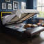 Velvet Ottoman Bed With LED Headboard, Glam Upholstered Storage Frame With Crystal Tufting, Black & Beige-2086823871-2086327451